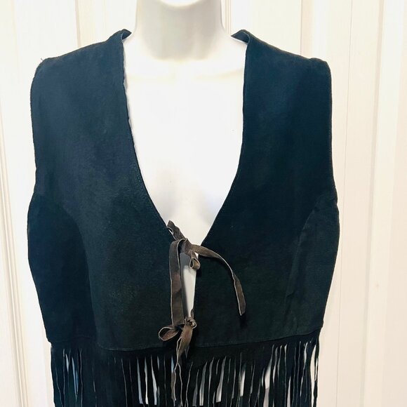Learsi Women's Black Leather Suede Fringed Moto Vest-Sz. Large-Tie Closure- - Picture 2 of 16